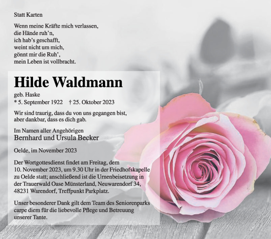 Traueranzeige von Hilde Waldmann von Die Glocke