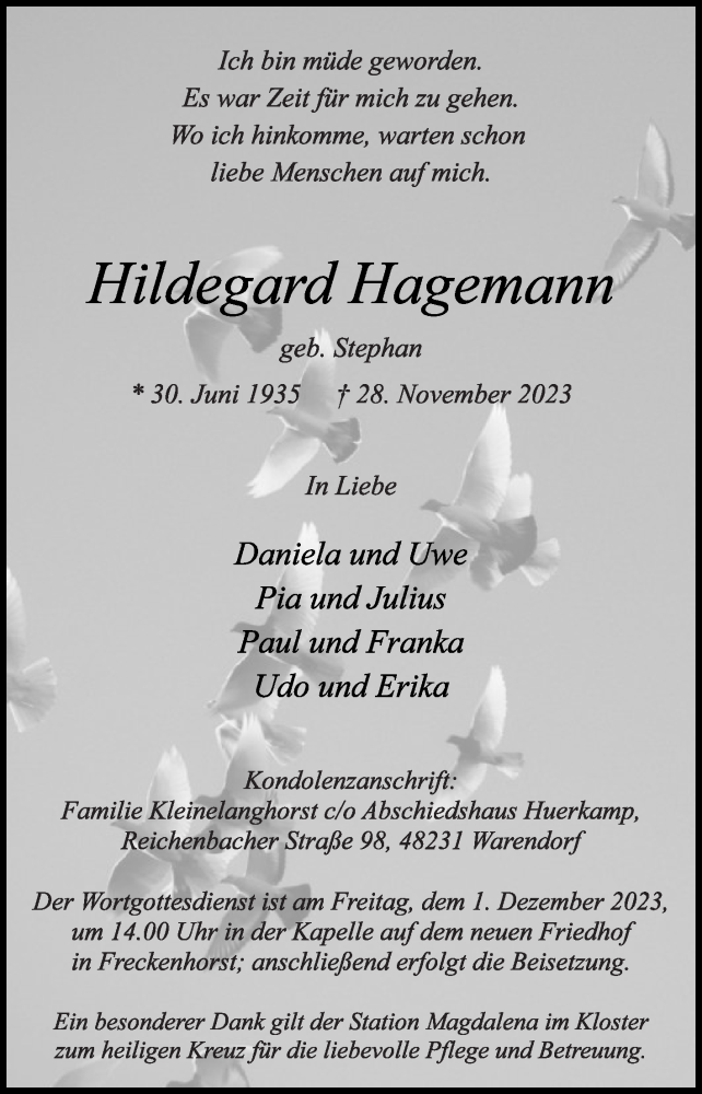  Traueranzeige für Hildegard Hagemann vom 29.11.2023 aus Die Glocke