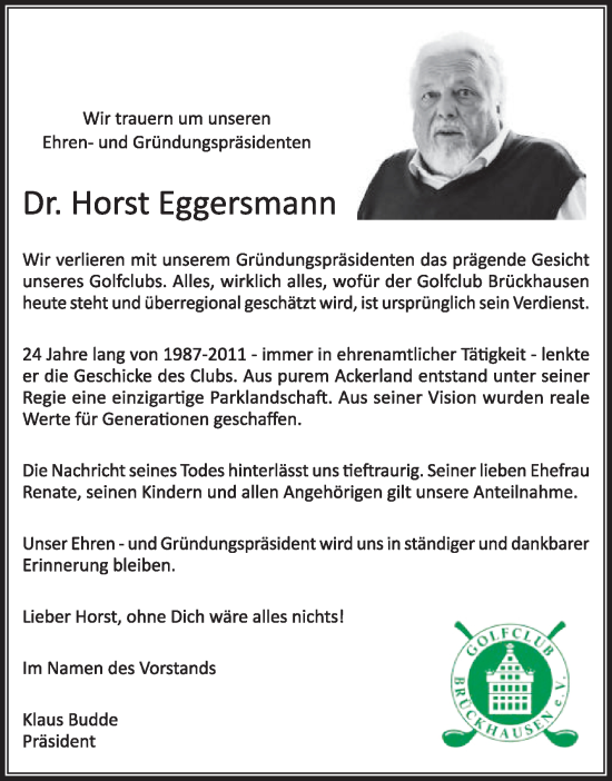 Traueranzeige von Horst Eggersmann von Die Glocke