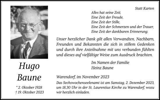 Traueranzeige von Hugo Baune von Die Glocke