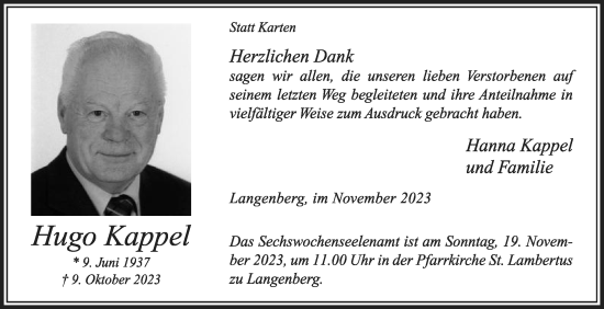 Traueranzeige von Hugo Kappel von Die Glocke