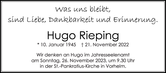 Traueranzeige von Hugo Rieping von Die Glocke