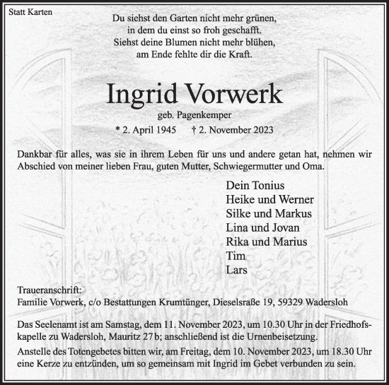 Traueranzeige von Ingrid Vorwerk von Die Glocke