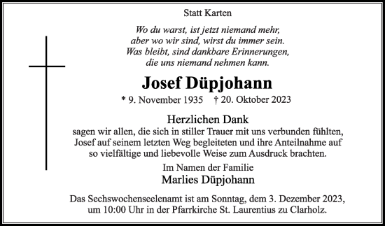 Traueranzeige von Josef Düpjohann von Die Glocke