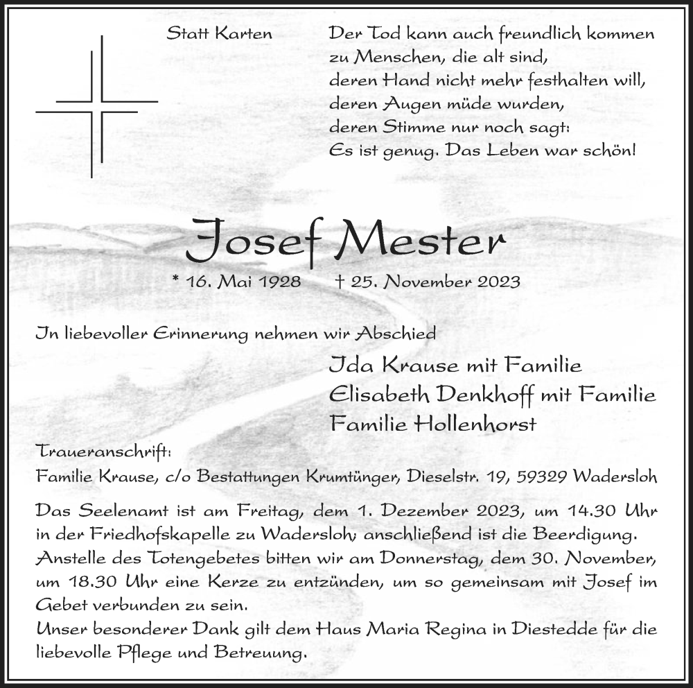  Traueranzeige für Josef Mester vom 29.11.2023 aus Die Glocke