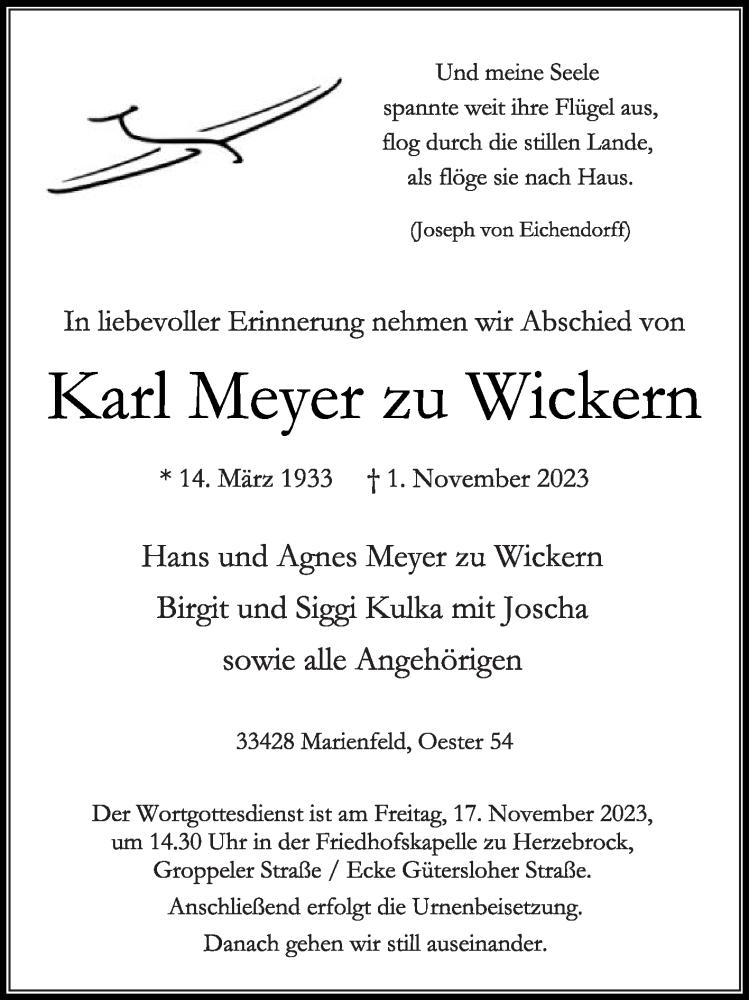  Traueranzeige für Karl Meyer zu Wickern vom 11.11.2023 aus Die Glocke