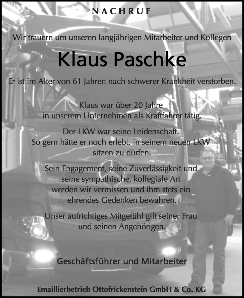  Traueranzeige für Klaus Paschke vom 11.11.2023 aus Die Glocke