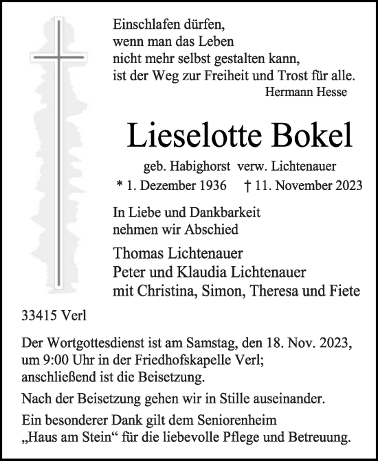 Traueranzeige von Lieselotte Bokel von Die Glocke