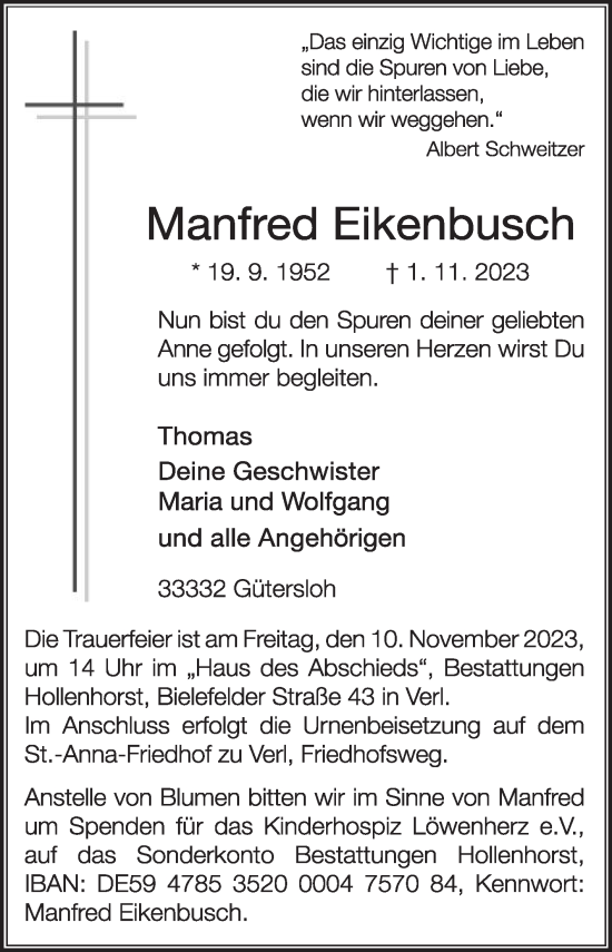 Traueranzeige von Manfred Eikenbusch von Die Glocke