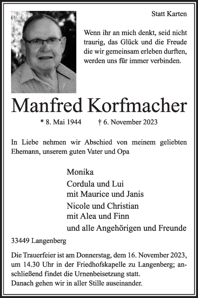  Traueranzeige für Manfred Korfmacher vom 11.11.2023 aus Die Glocke