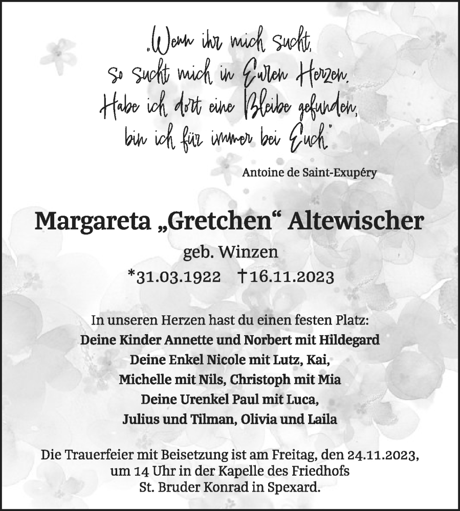  Traueranzeige für Margareta Altewischer vom 21.11.2023 aus Die Glocke