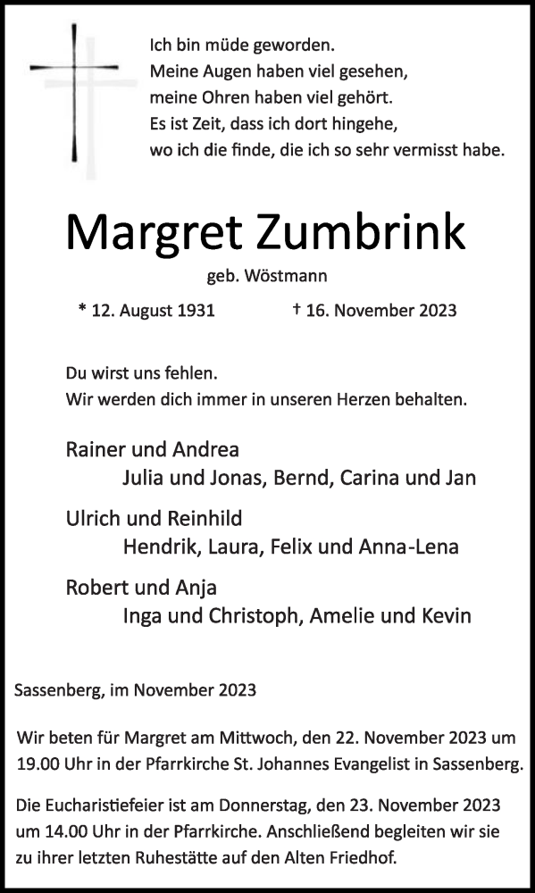  Traueranzeige für Margret Zumbrink vom 21.11.2023 aus Die Glocke