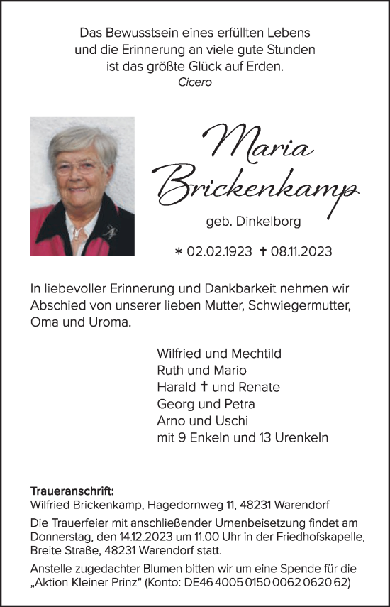 Traueranzeige von Maria Brickenkamp von Die Glocke