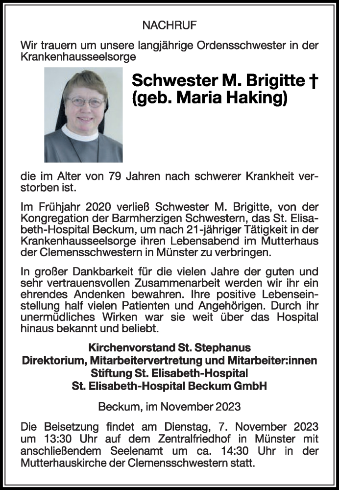  Traueranzeige für Maria Haking vom 04.11.2023 aus Die Glocke