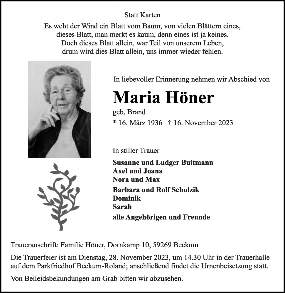  Traueranzeige für Maria Höner vom 25.11.2023 aus Die Glocke