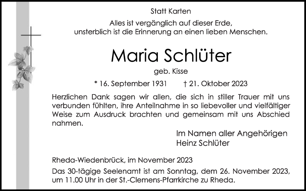 Traueranzeigen Von Maria Schlüter Trauerdie Glockede