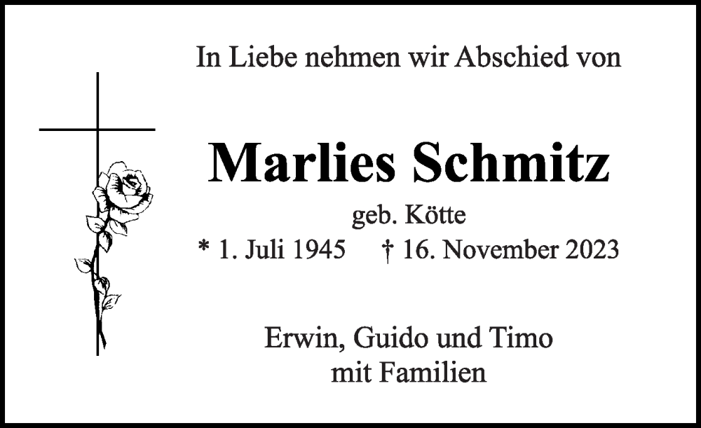  Traueranzeige für Marlies Schmitz vom 25.11.2023 aus Die Glocke