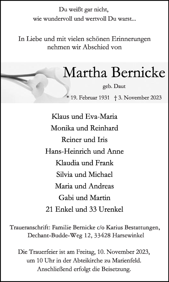 Traueranzeige von Martha Bernicke von Die Glocke