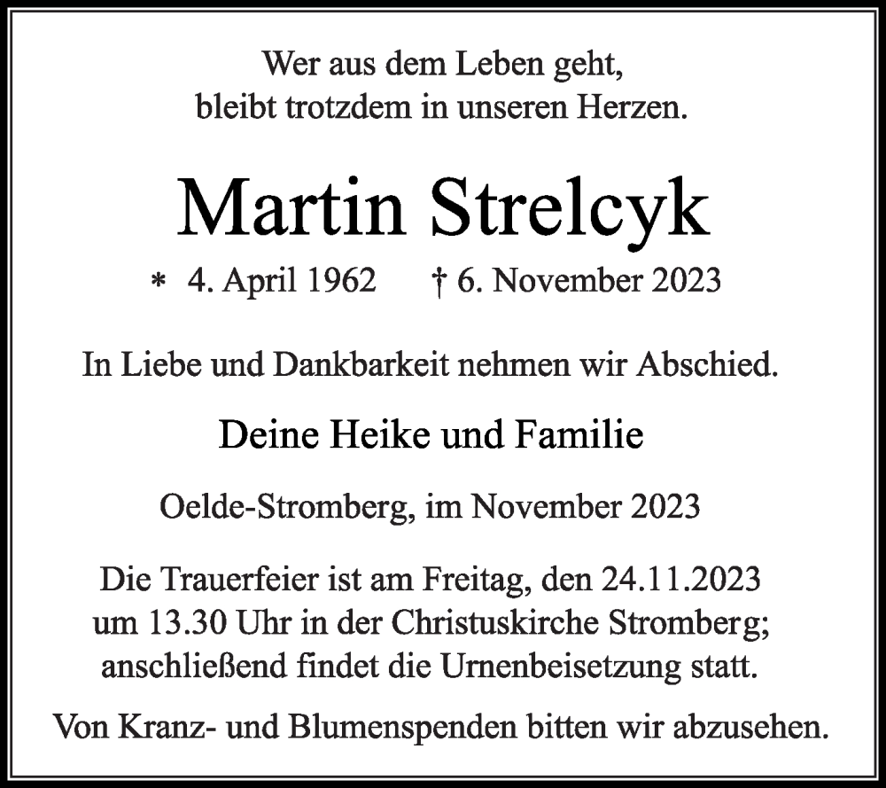  Traueranzeige für Martin Strelcyk vom 18.11.2023 aus Die Glocke
