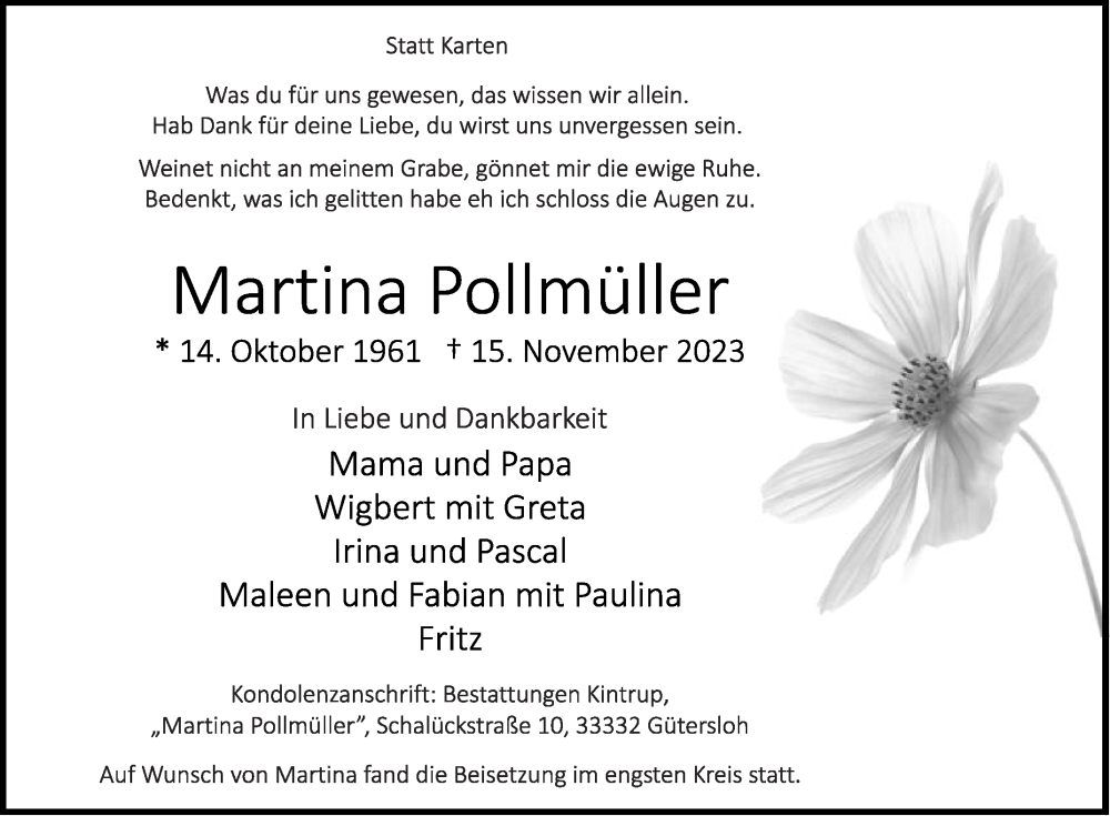  Traueranzeige für Martina Pollmüller vom 24.11.2023 aus Die Glocke