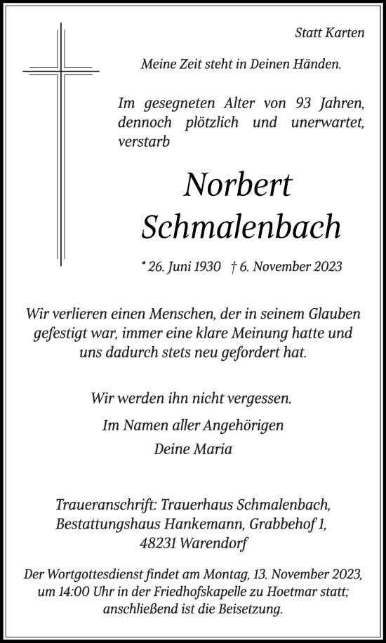 Traueranzeige von Norbert Schmalenbach von Die Glocke