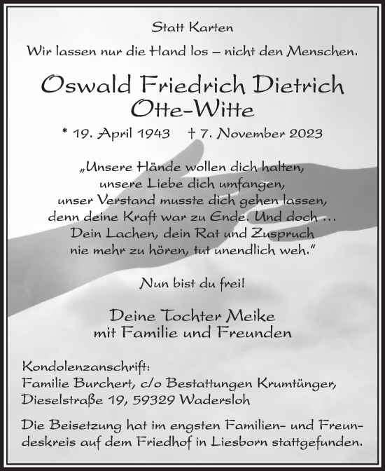 Traueranzeige von Oswald Friedrich Dietrich Otte-Witte von Die Glocke