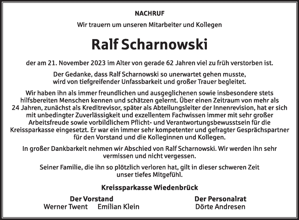  Traueranzeige für Ralf Scharnowski vom 28.11.2023 aus Die Glocke