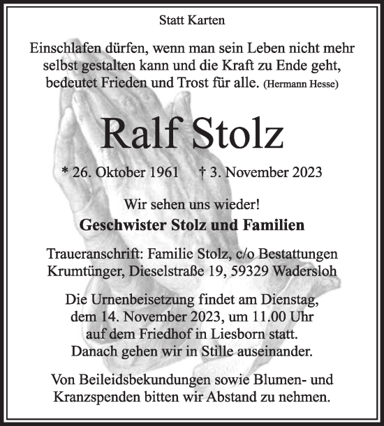 Traueranzeige von Ralf Stolz von Die Glocke