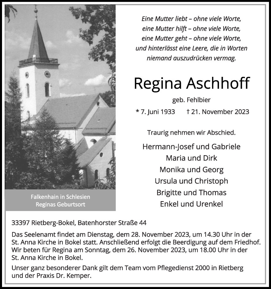  Traueranzeige für Regina Aschhoff vom 25.11.2023 aus Die Glocke