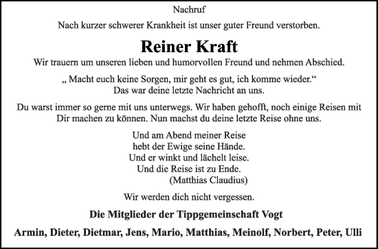 Traueranzeige von Reiner Kraft von Die Glocke