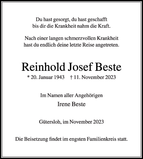 Traueranzeige von Reinhold Josef Beste von Die Glocke