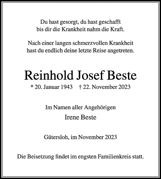 Traueranzeige von Reinhold Josef Beste von Die Glocke