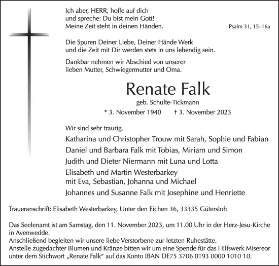 Traueranzeige von Renate Falk von Die Glocke