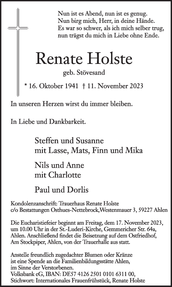 Traueranzeige von Renate Holste von Die Glocke