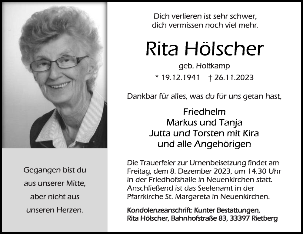  Traueranzeige für Rita Hölscher vom 29.11.2023 aus Die Glocke