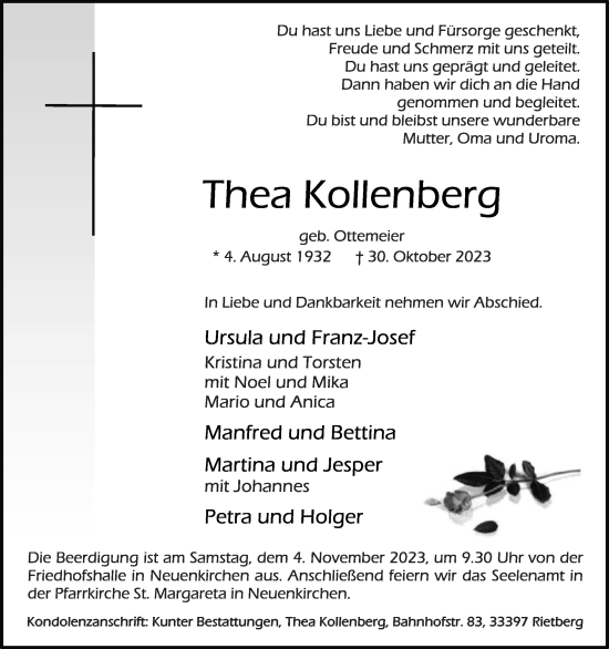 Traueranzeige von Thea Kollenberg von Die Glocke