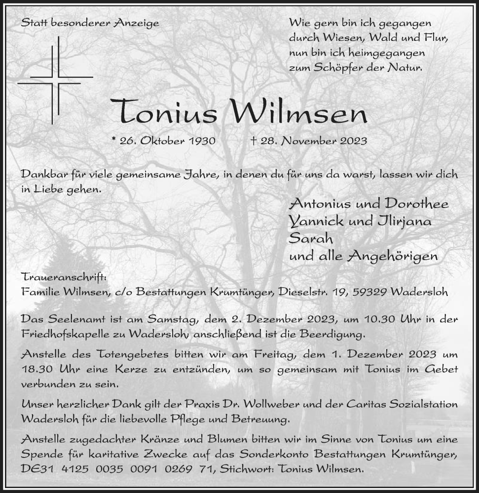  Traueranzeige für Tonius Wilmsen vom 30.11.2023 aus Die Glocke