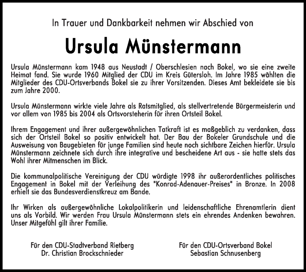  Traueranzeige für Ursula Münstermann vom 18.11.2023 aus Die Glocke
