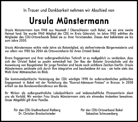 Traueranzeige von Ursula Münstermann von Die Glocke