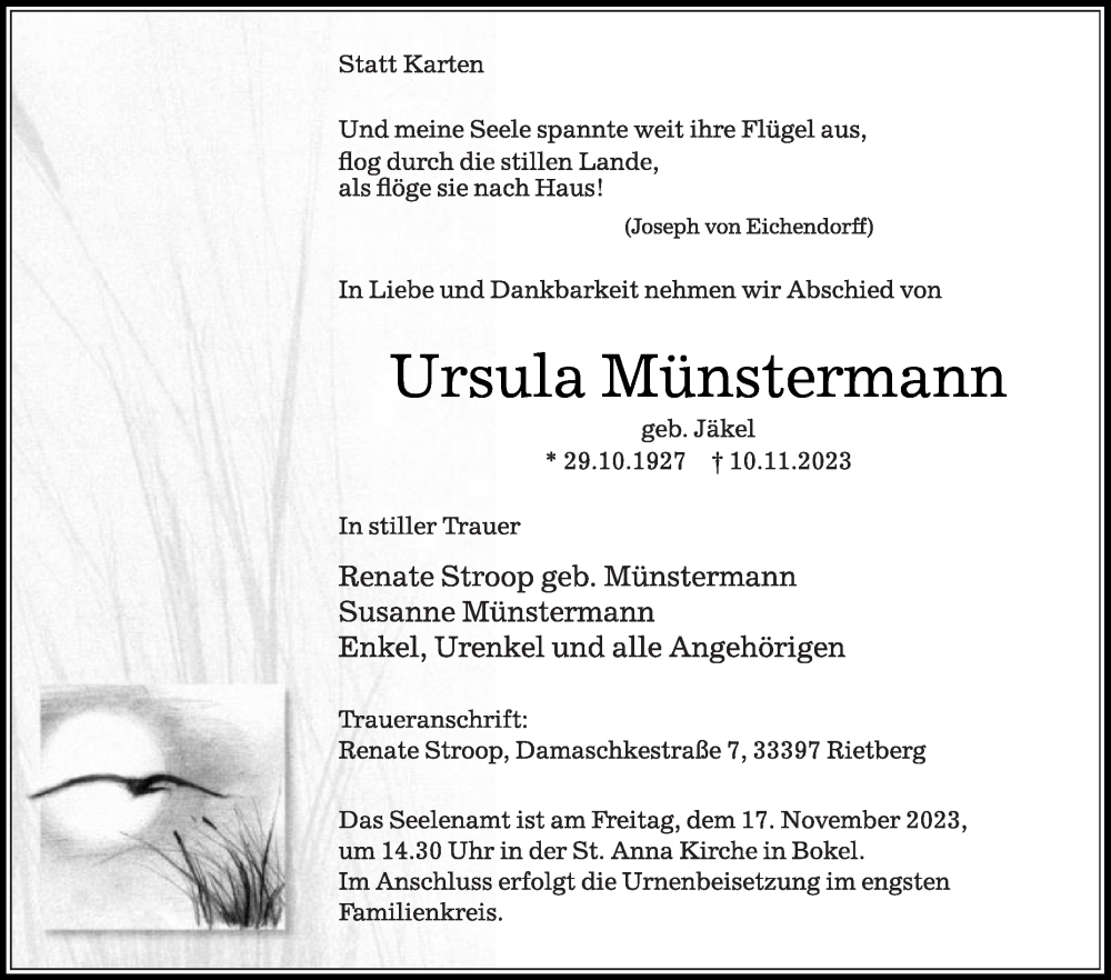  Traueranzeige für Ursula Münstermann vom 15.11.2023 aus Die Glocke