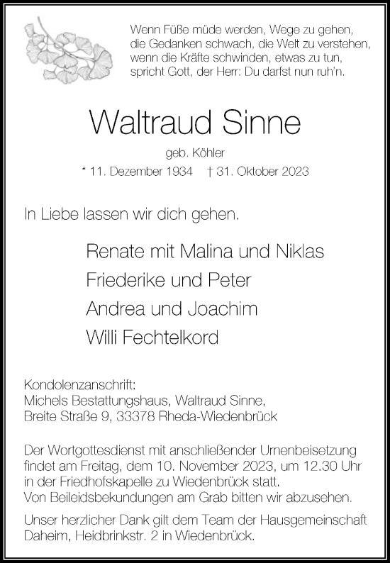 Traueranzeige von Waltraud Sinne von Die Glocke
