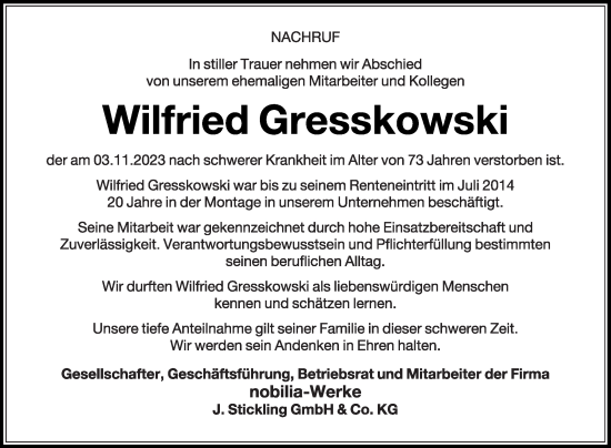 Traueranzeige von Wilfried Gresskowski von Die Glocke