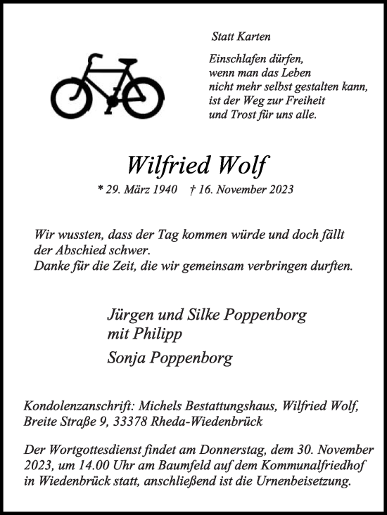 Traueranzeige von Wilfried Wolf von Die Glocke
