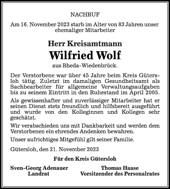 Traueranzeige von Wilfried Wolf von Die Glocke