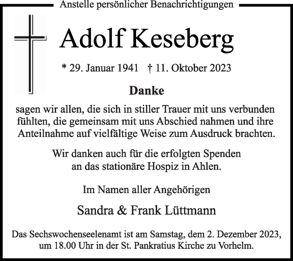  Traueranzeige für Adolf Keseberg vom 02.12.2023 aus Die Glocke