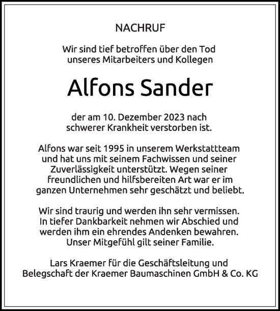 Traueranzeige von Alfons Sander von Die Glocke