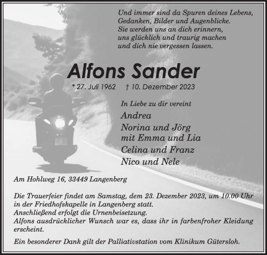 Traueranzeige von Alfons Sander von Die Glocke