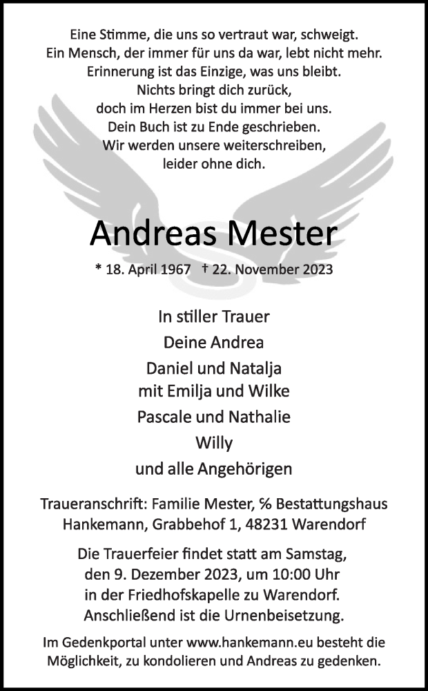  Traueranzeige für Andreas Mester vom 02.12.2023 aus Die Glocke