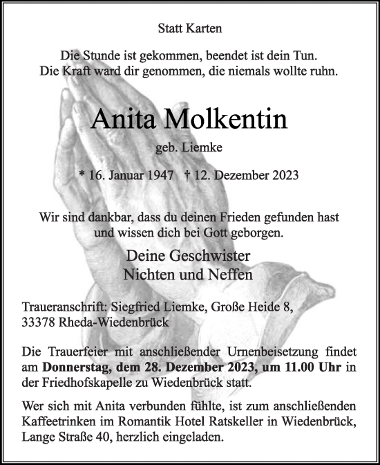 Traueranzeige von Anita Molkentin von Die Glocke