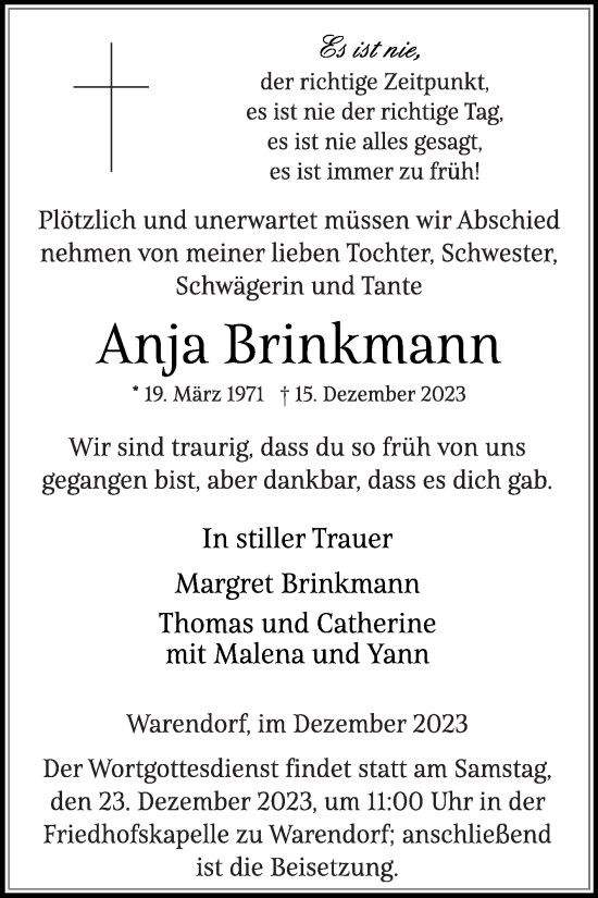 Traueranzeige von Anja Brinkmann von Die Glocke